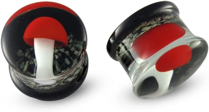 Pair Red Mushroom Glow in The Dark Glass Plugs 12mm 15/32