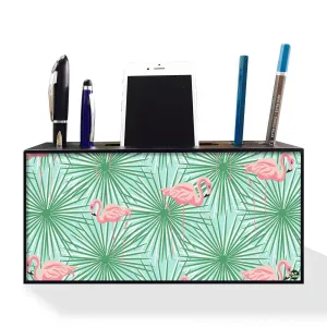 Pen Mobile Stand Holder Desk Organizer - Flamingos With Leaves