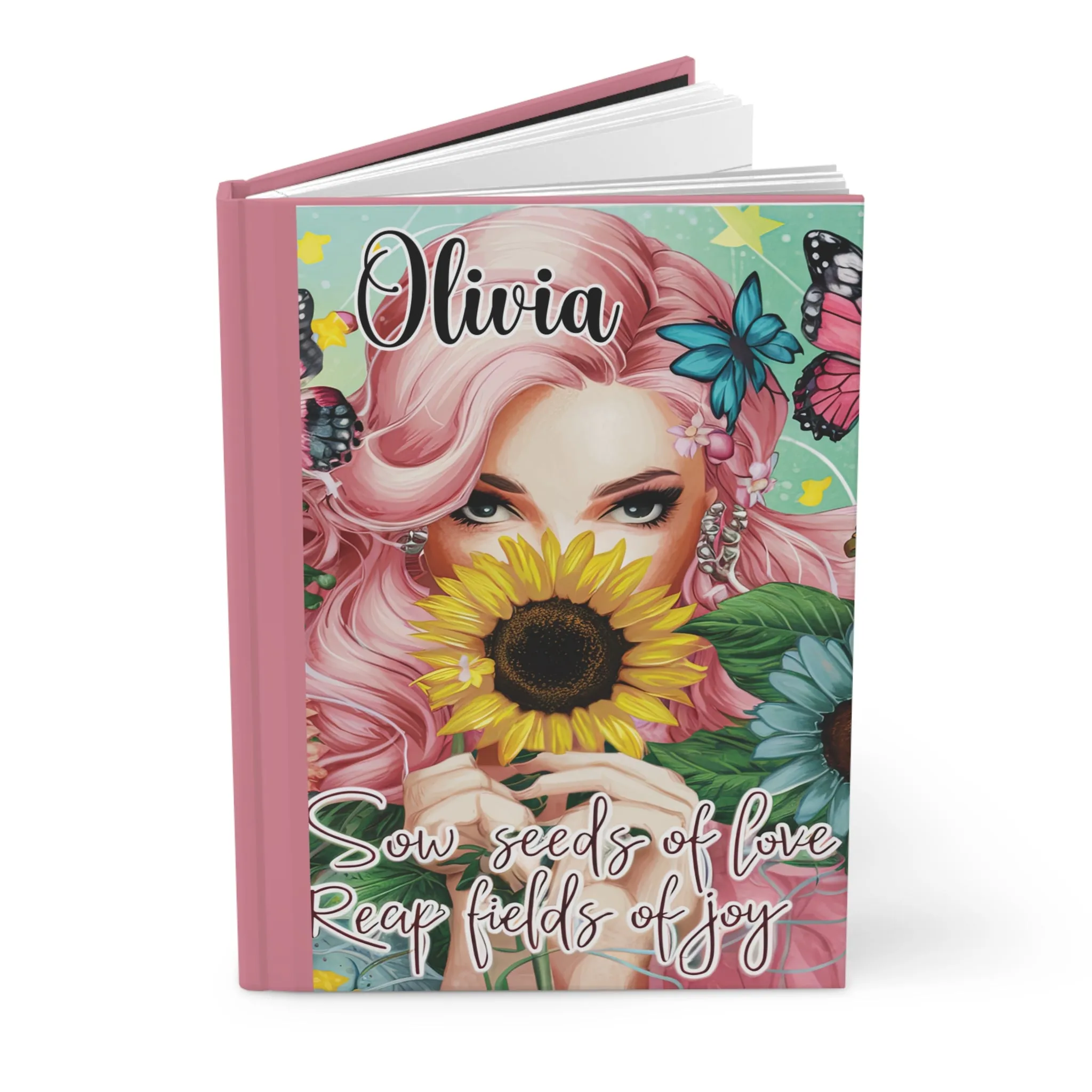 Personalised Hardcover Journal Matte, Girl and Sunflowers, Sow seeds of Love, awd-1715
