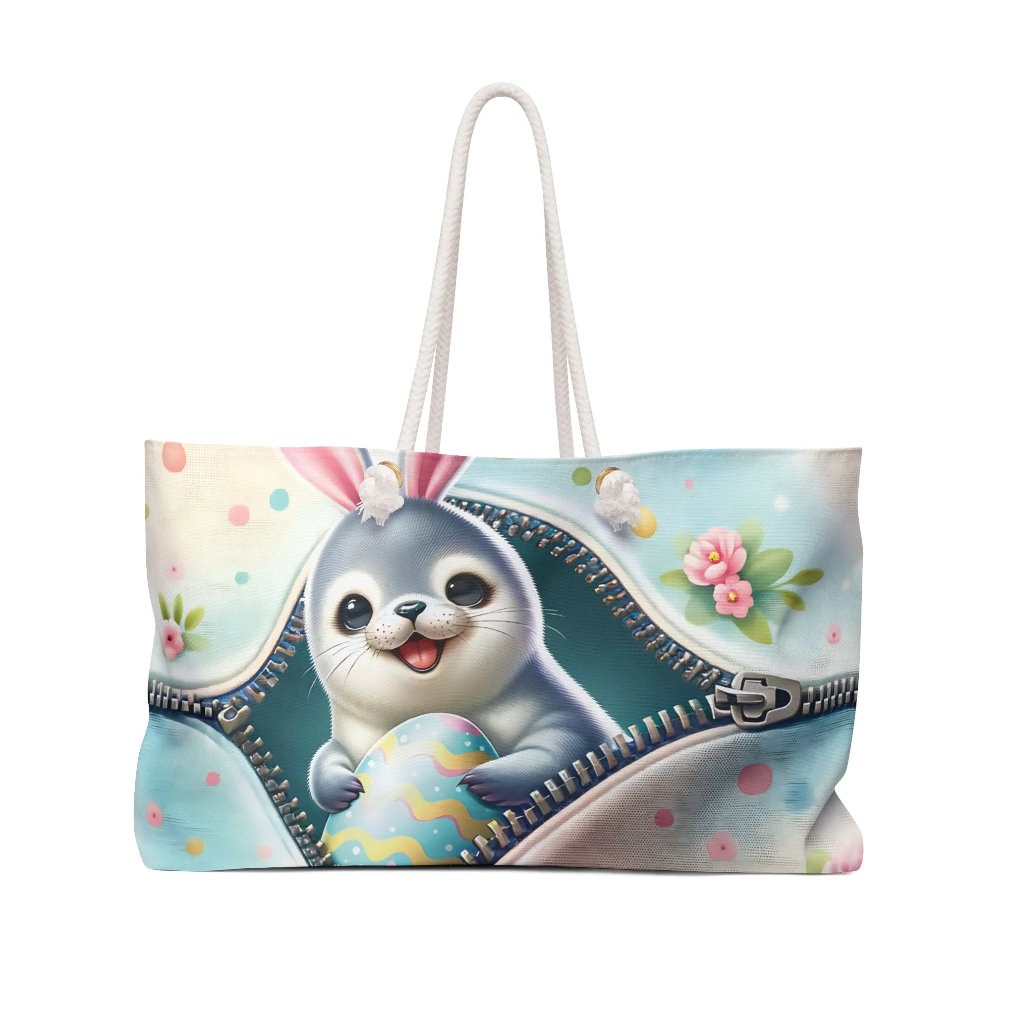Personalised/Non-Personalised Weekender Bag, Easter, Cute Seal with Bunny Ears, Large Weekender Bag, Beach Bag, Book Bag