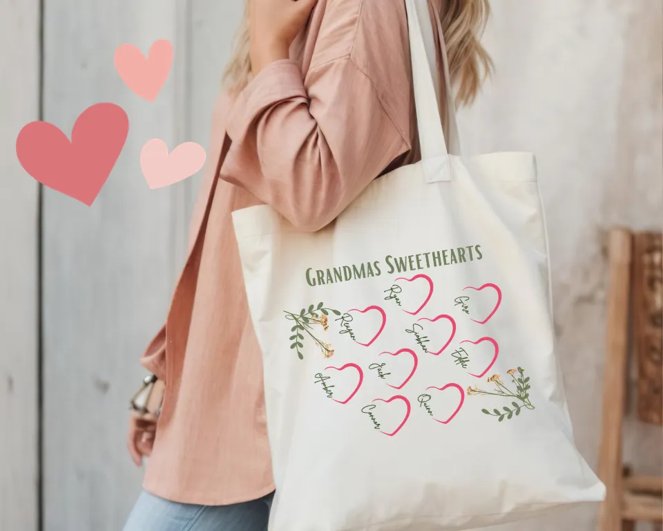 Personalized Grandmas Sweethearts Cotton Canvas Tote Bag, Valentines Day