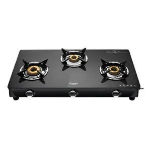 Preethi Valentino Glass Top 3 Burner Gas Stove, Manual Ignition, Black