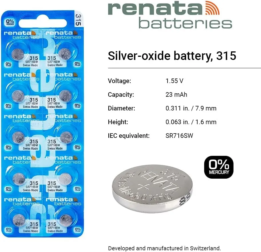 Renata 315 SR716SW Batteries - 1.55V Silver Oxide 315 Watch Battery (2 Count)