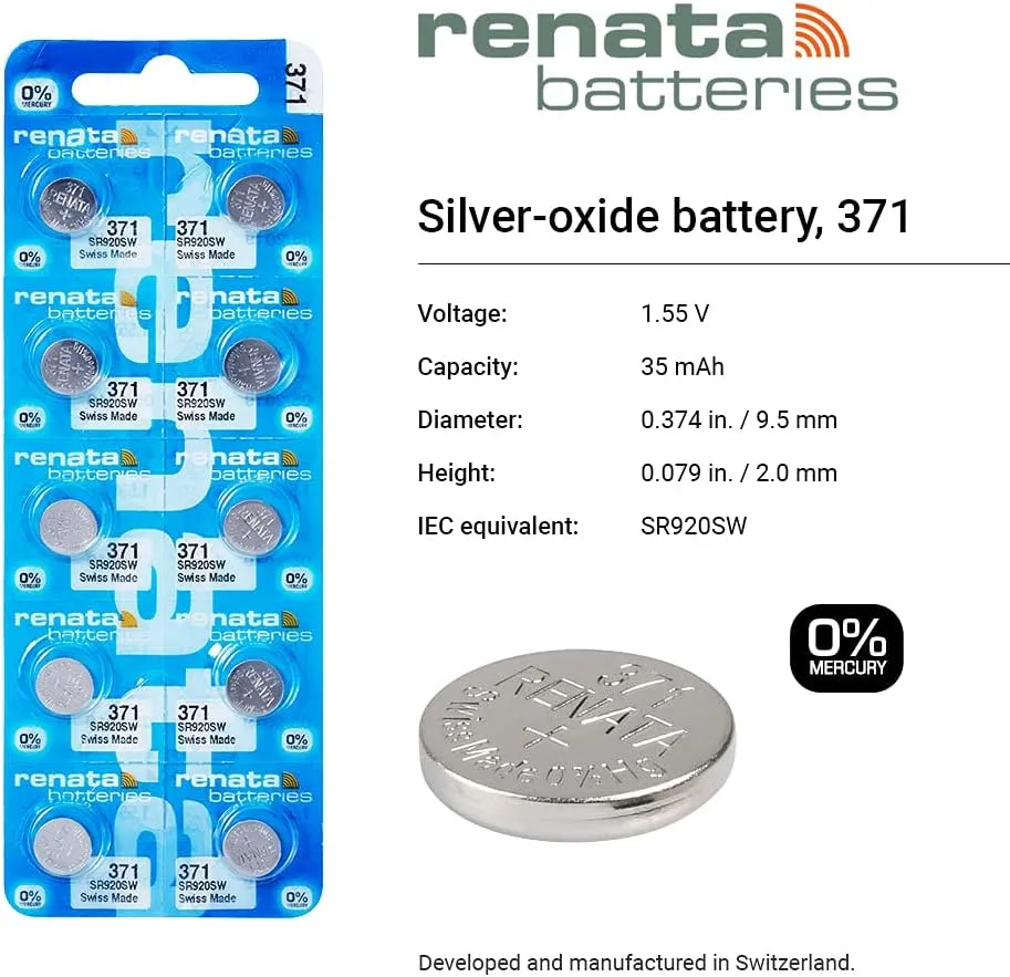 Renata 371 SR920SW Batteries - 1.55V Silver Oxide 371 Watch Battery (2 Count)