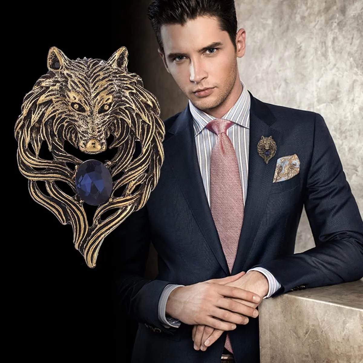 Rhinestone Tiger Head Brooch Pins for Men,Animal Lapel Pins Lion Wolf Head Coat Collar Brooch Vintage Lapel Pin Brooch Safety Pin Men Suit Accessory