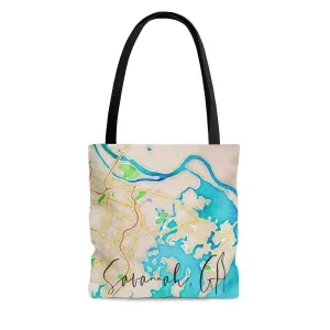 Savannah GA Watercolor Map Tote with Turtle Bay Back