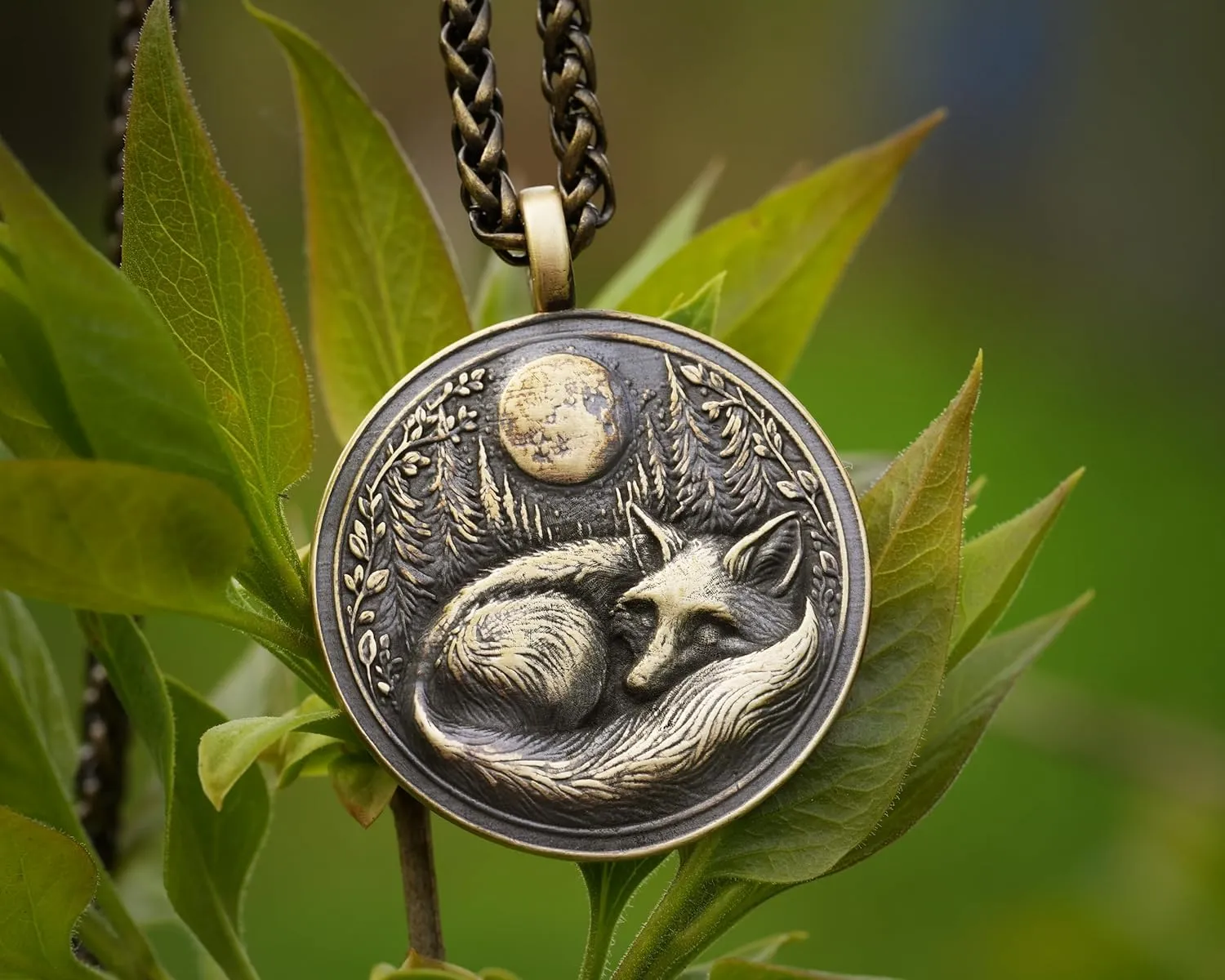 Sleeping Fox in Full Moon Forest Nature Necklace Pendant - Brass Casting - Handmade in Our Workshop - Comes With Chain - Jewelry Amulet (brass)