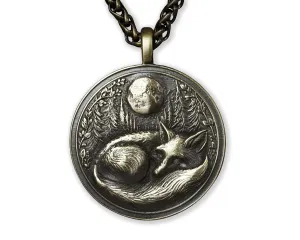 Sleeping Fox in Full Moon Forest Nature Necklace Pendant - Brass Casting - Handmade in Our Workshop - Comes With Chain - Jewelry Amulet (brass)