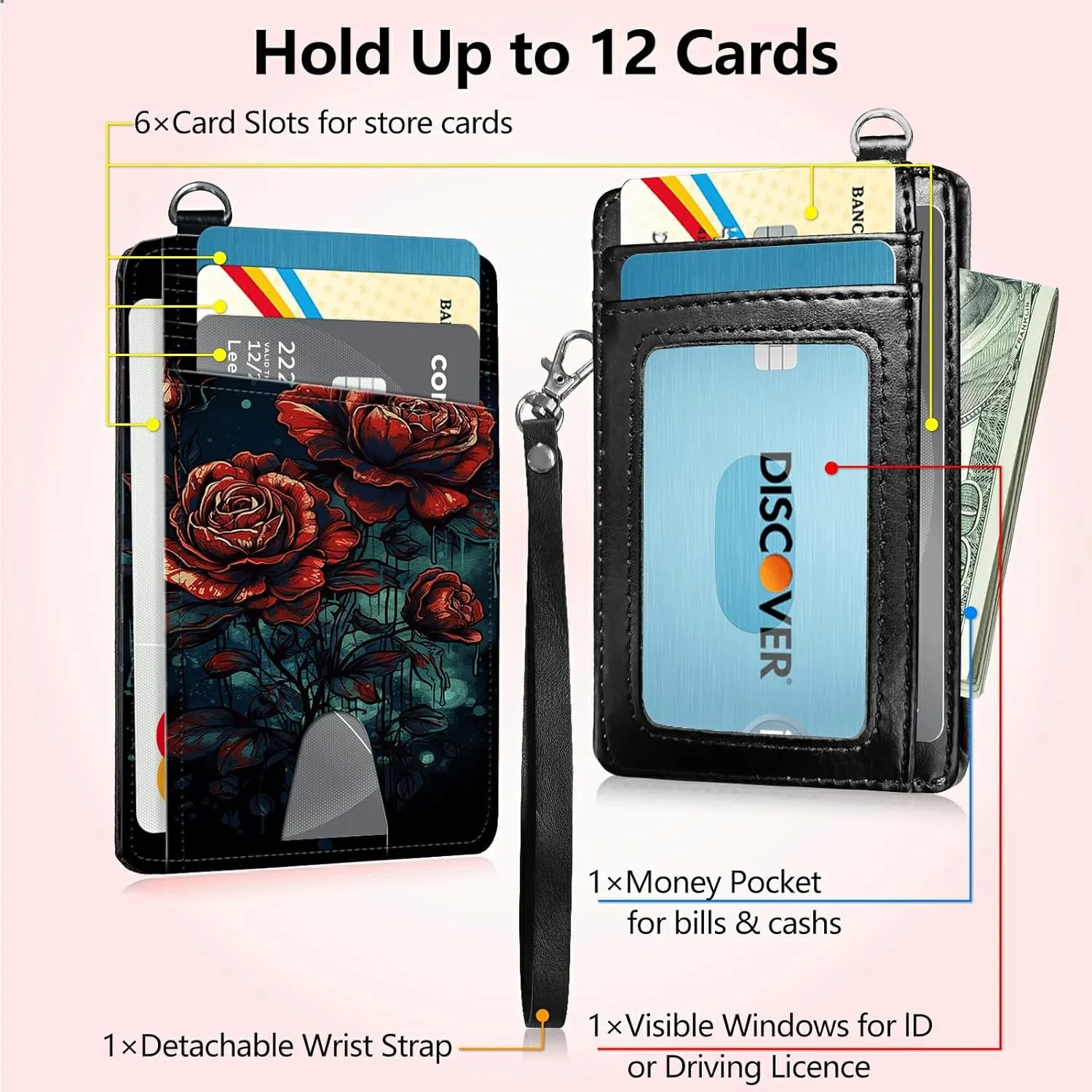 Slim Card Holder with Wristlet Small Wallets for Men Women, RFID Blocking Pocket Keychain Wallet, Art Red Rose PU Leather Cute Travel Minimalist Card Organizer Case with ID Window