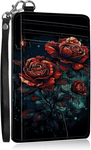 Slim Card Holder with Wristlet Small Wallets for Men Women, RFID Blocking Pocket Keychain Wallet, Art Red Rose PU Leather Cute Travel Minimalist Card Organizer Case with ID Window