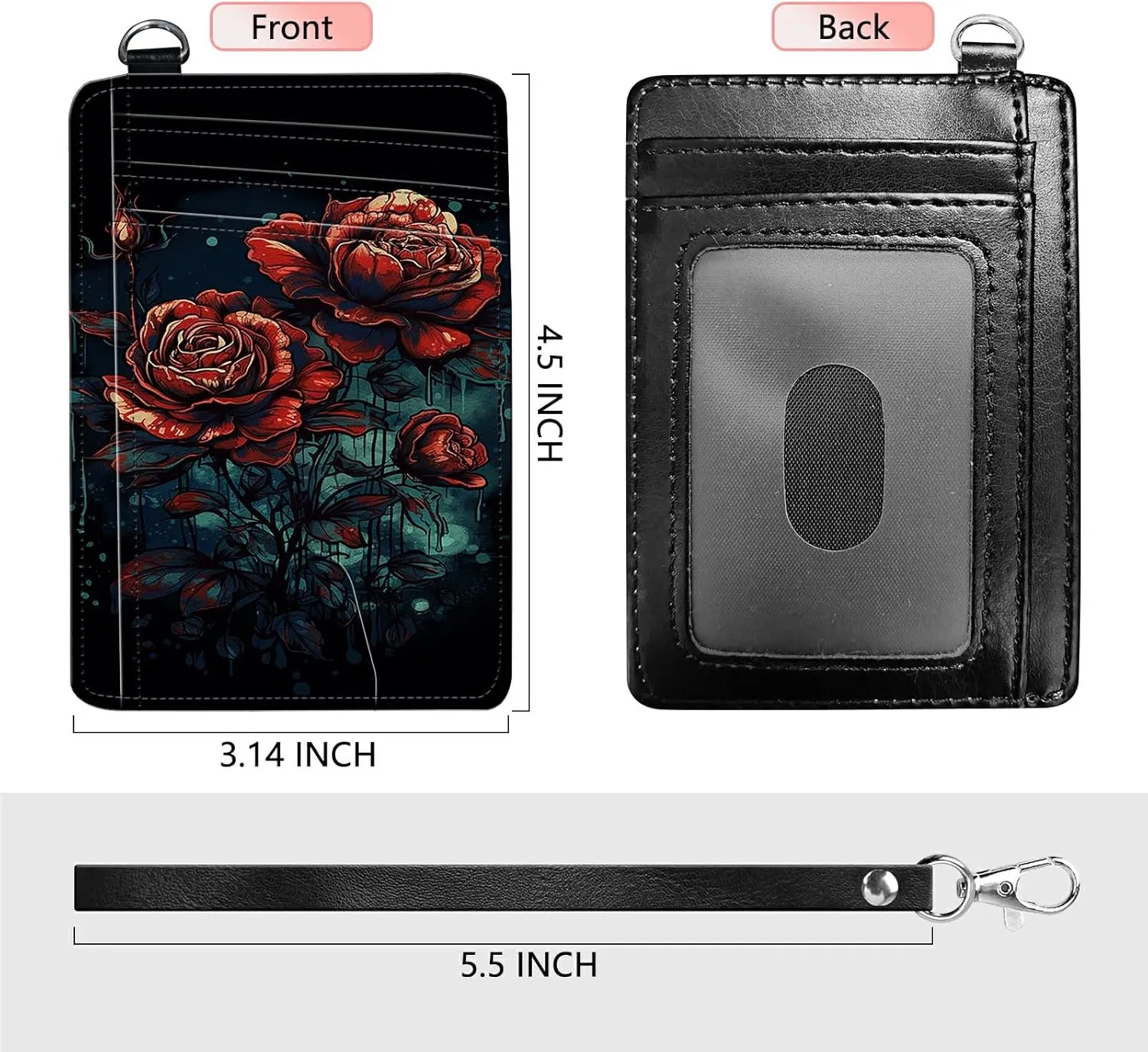 Slim Card Holder with Wristlet Small Wallets for Men Women, RFID Blocking Pocket Keychain Wallet, Art Red Rose PU Leather Cute Travel Minimalist Card Organizer Case with ID Window