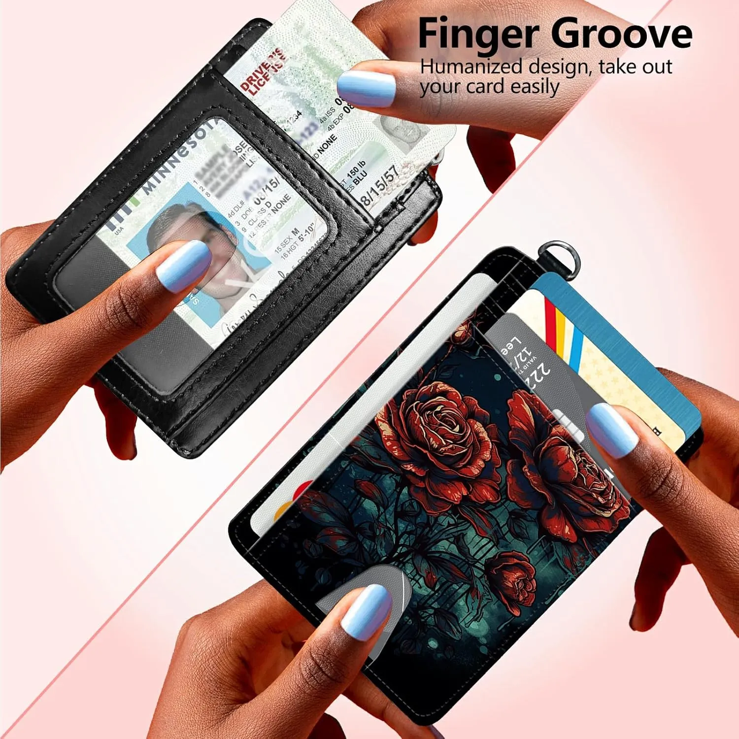 Slim Card Holder with Wristlet Small Wallets for Men Women, RFID Blocking Pocket Keychain Wallet, Art Red Rose PU Leather Cute Travel Minimalist Card Organizer Case with ID Window