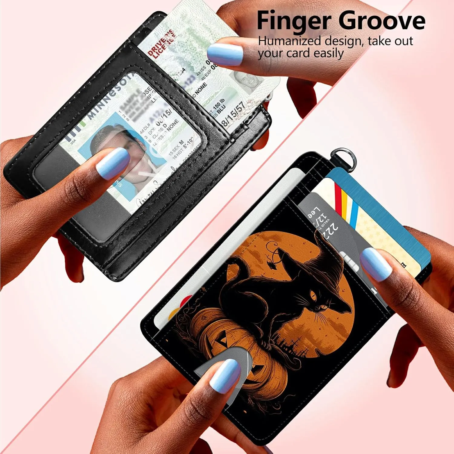 Slim Card Holder with Wristlet Small Wallets for Men Women, RFID Blocking Pocket Keychain Wallet, Black Cat Holloween PU Leather Cute Travel Minimalist Card Organizer Case with ID Window