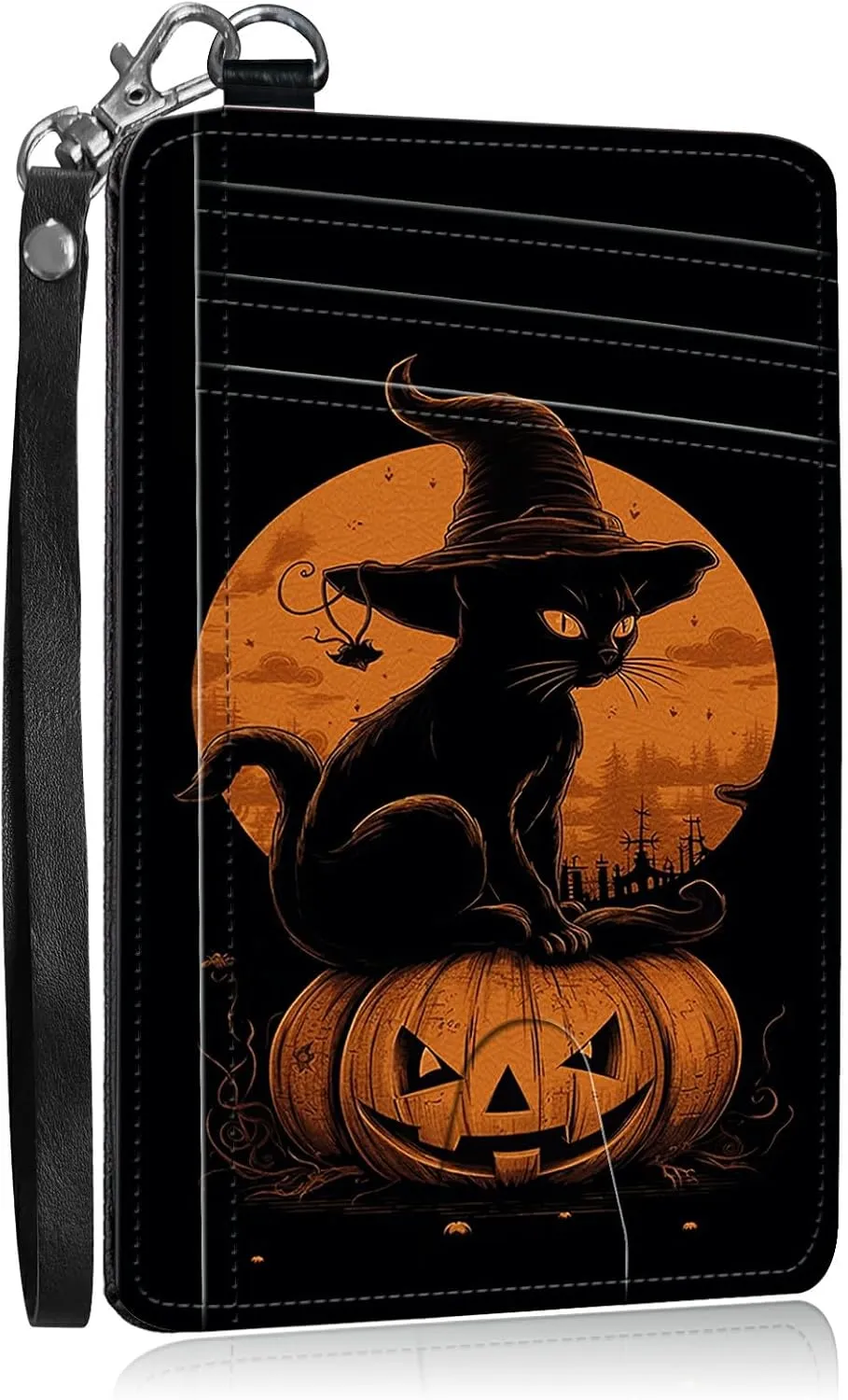 Slim Card Holder with Wristlet Small Wallets for Men Women, RFID Blocking Pocket Keychain Wallet, Black Cat Holloween PU Leather Cute Travel Minimalist Card Organizer Case with ID Window