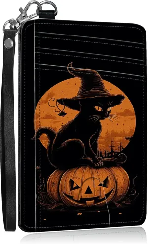 Slim Card Holder with Wristlet Small Wallets for Men Women, RFID Blocking Pocket Keychain Wallet, Black Cat Holloween PU Leather Cute Travel Minimalist Card Organizer Case with ID Window