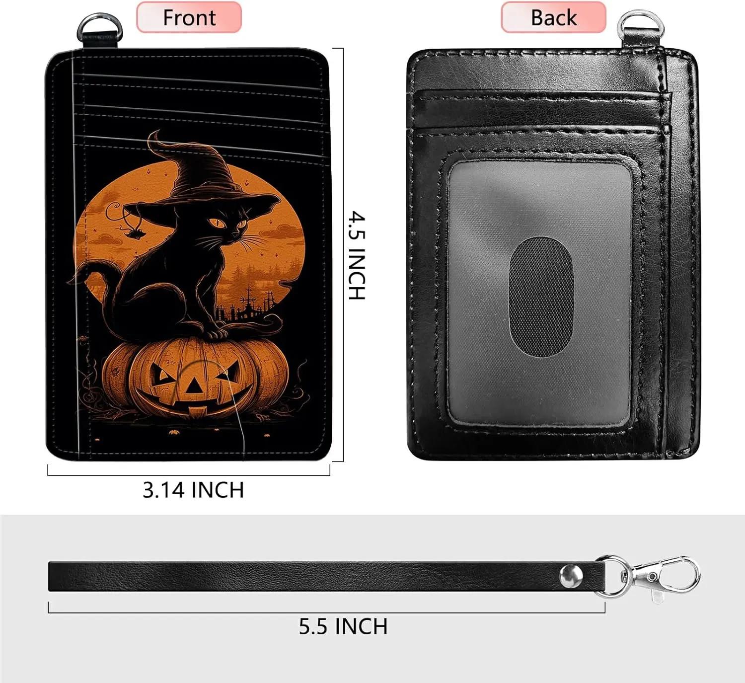 Slim Card Holder with Wristlet Small Wallets for Men Women, RFID Blocking Pocket Keychain Wallet, Black Cat Holloween PU Leather Cute Travel Minimalist Card Organizer Case with ID Window