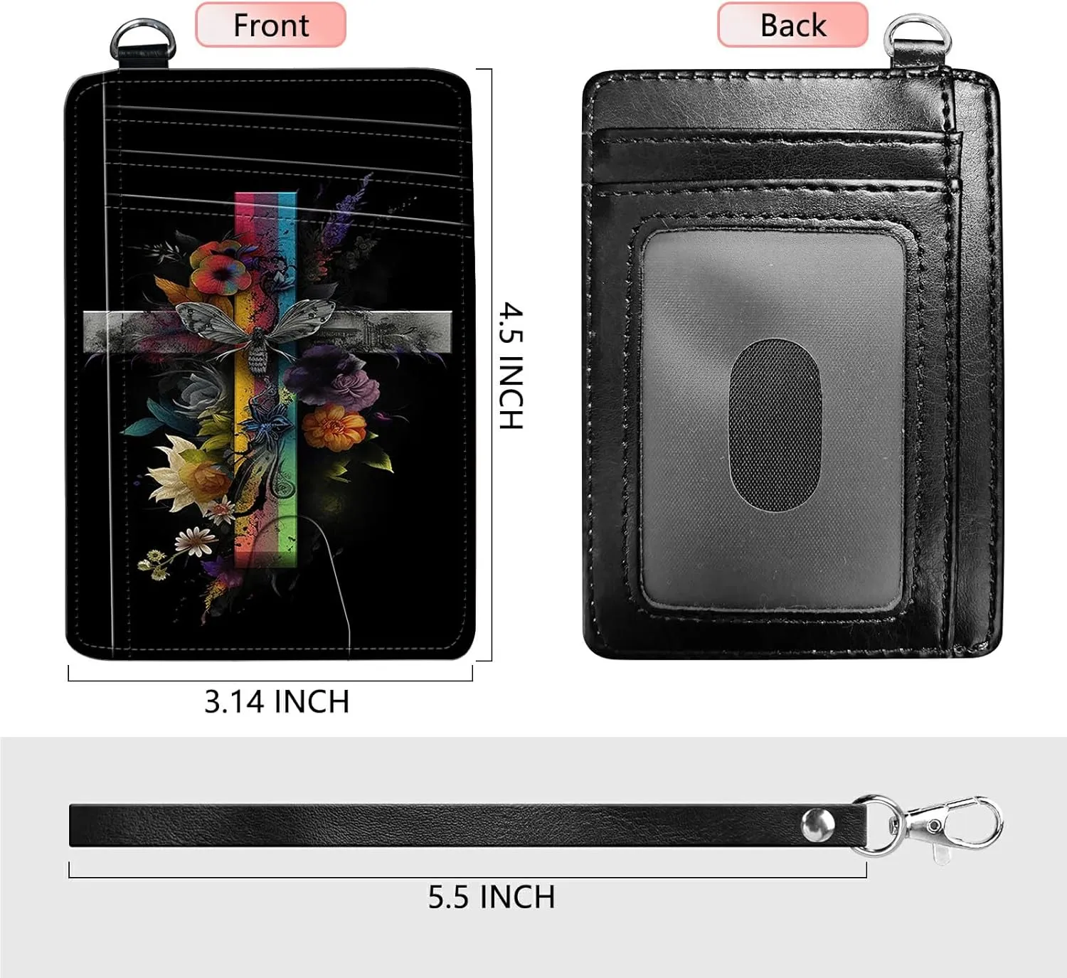 Slim Card Holder with Wristlet Small Wallets for Men Women, RFID Blocking Pocket Keychain Wallet, Faith Butterfly PU Leather Cute Travel Minimalist Card Organizer Case with ID Window