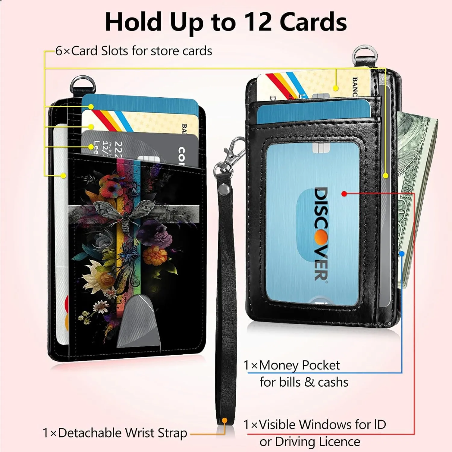 Slim Card Holder with Wristlet Small Wallets for Men Women, RFID Blocking Pocket Keychain Wallet, Faith Butterfly PU Leather Cute Travel Minimalist Card Organizer Case with ID Window