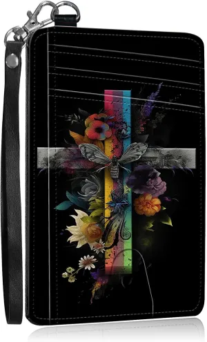 Slim Card Holder with Wristlet Small Wallets for Men Women, RFID Blocking Pocket Keychain Wallet, Faith Butterfly PU Leather Cute Travel Minimalist Card Organizer Case with ID Window