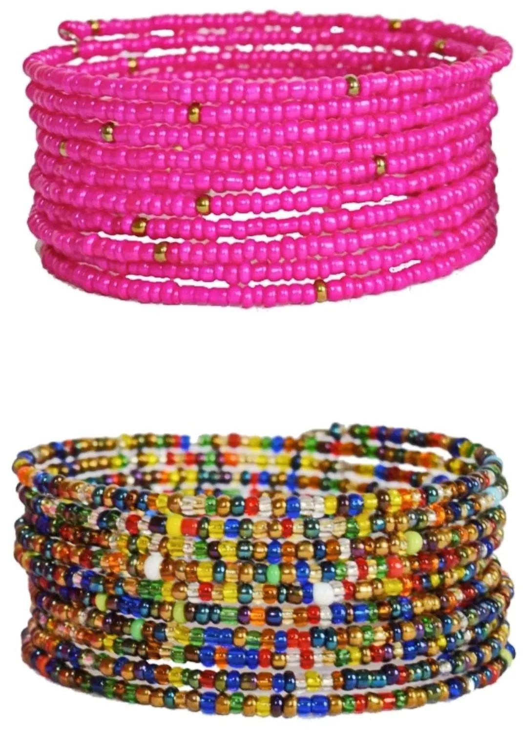 TEMBO AFRICA Set of 2 Handmade Beaded Bracelets for Women 10 loops each Wrap Bracelets Boho Jewelry Gifts MADE OF SEED BEADS ONLY Multicolored Pink Handmade From Africa