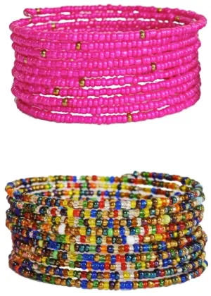 TEMBO AFRICA Set of 2 Handmade Beaded Bracelets for Women 10 loops each Wrap Bracelets Boho Jewelry Gifts MADE OF SEED BEADS ONLY Multicolored Pink Handmade From Africa