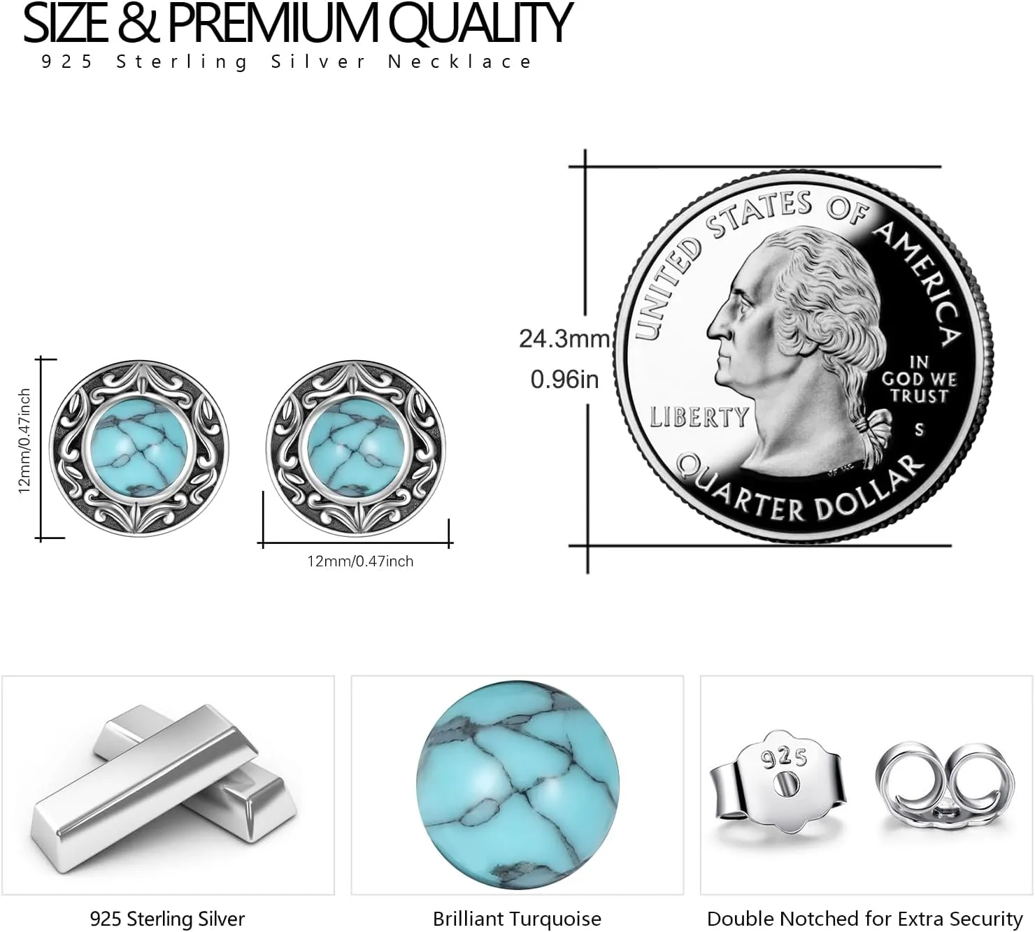 Tibetan Turquoise Earrings Round 925 Sterling Silver Post Western Genuine Blue Hypoallergenic Handmade Stud Earrings Gemstone Dangle Earring for Women Trendy Fashion