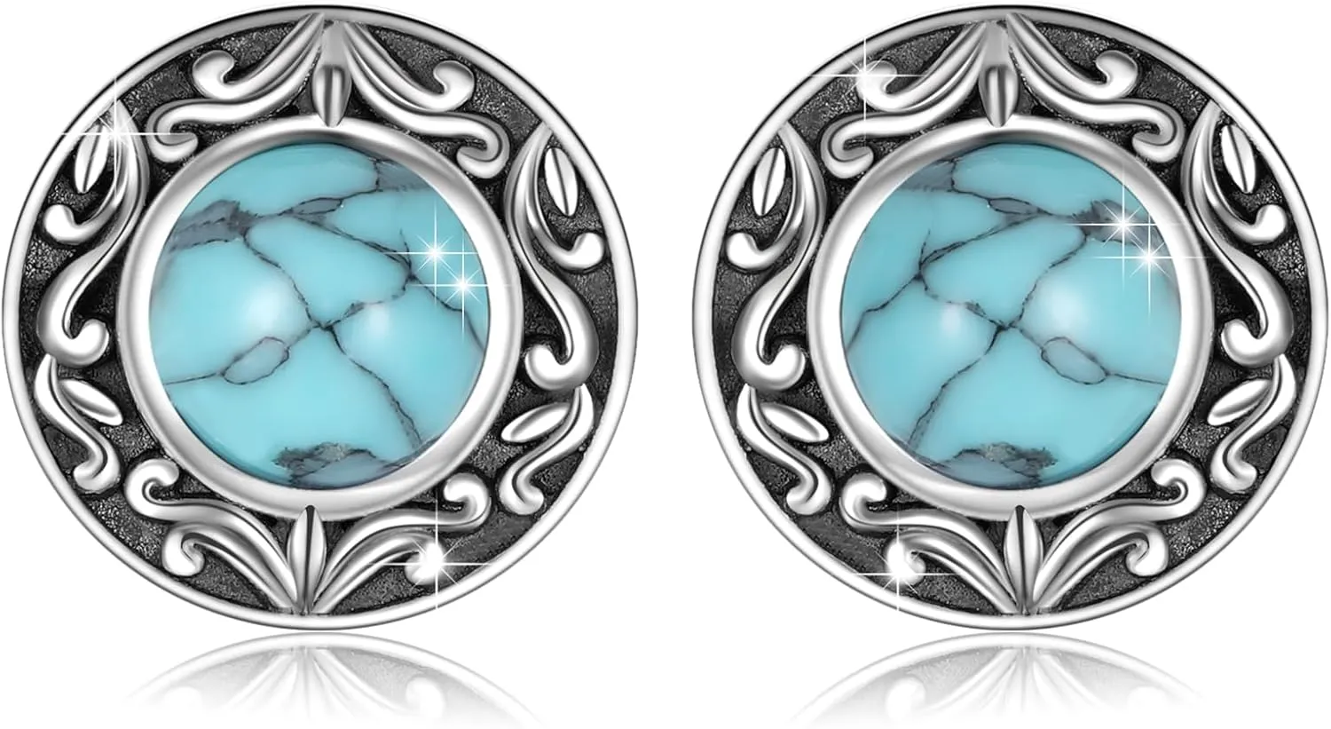 Tibetan Turquoise Earrings Round 925 Sterling Silver Post Western Genuine Blue Hypoallergenic Handmade Stud Earrings Gemstone Dangle Earring for Women Trendy Fashion