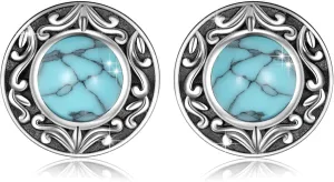Tibetan Turquoise Earrings Round 925 Sterling Silver Post Western Genuine Blue Hypoallergenic Handmade Stud Earrings Gemstone Dangle Earring for Women Trendy Fashion