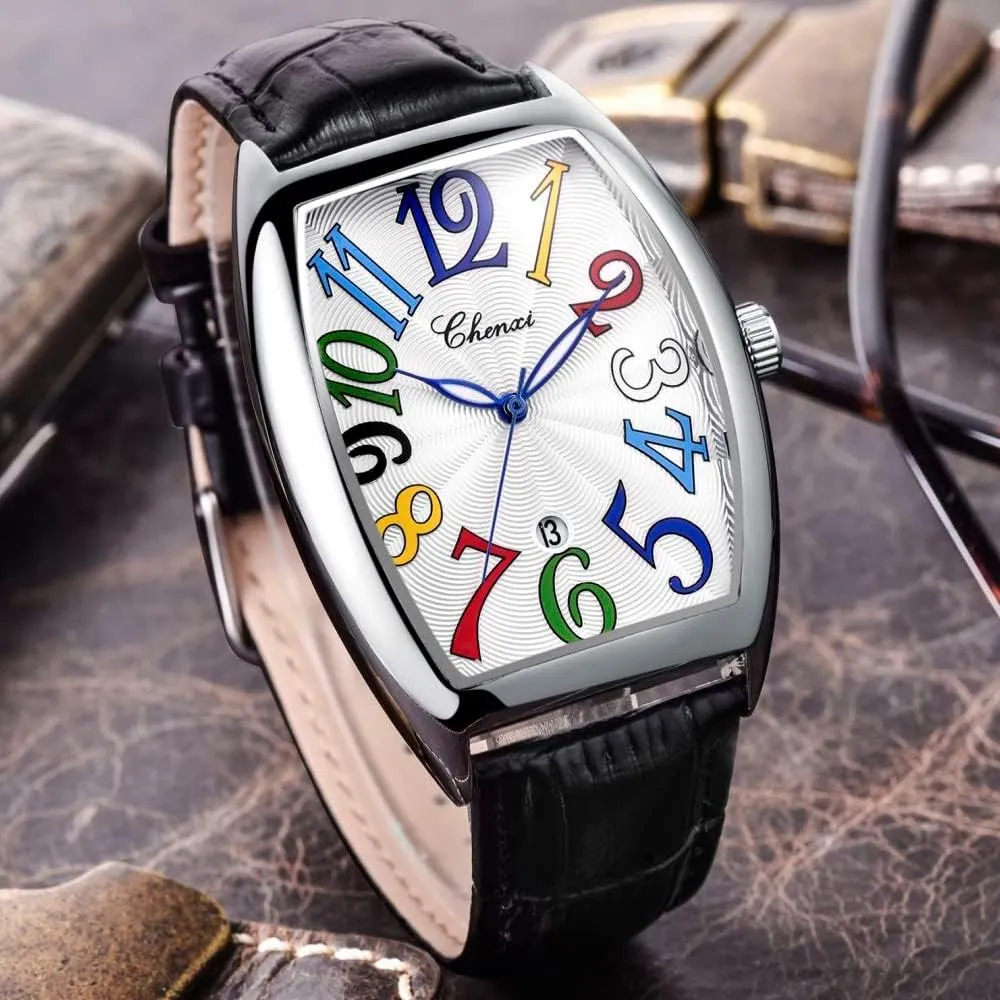 Tiong Leather Band Men's Moon Design Watch, Roman Digital Leather Band Watch with Box for Men