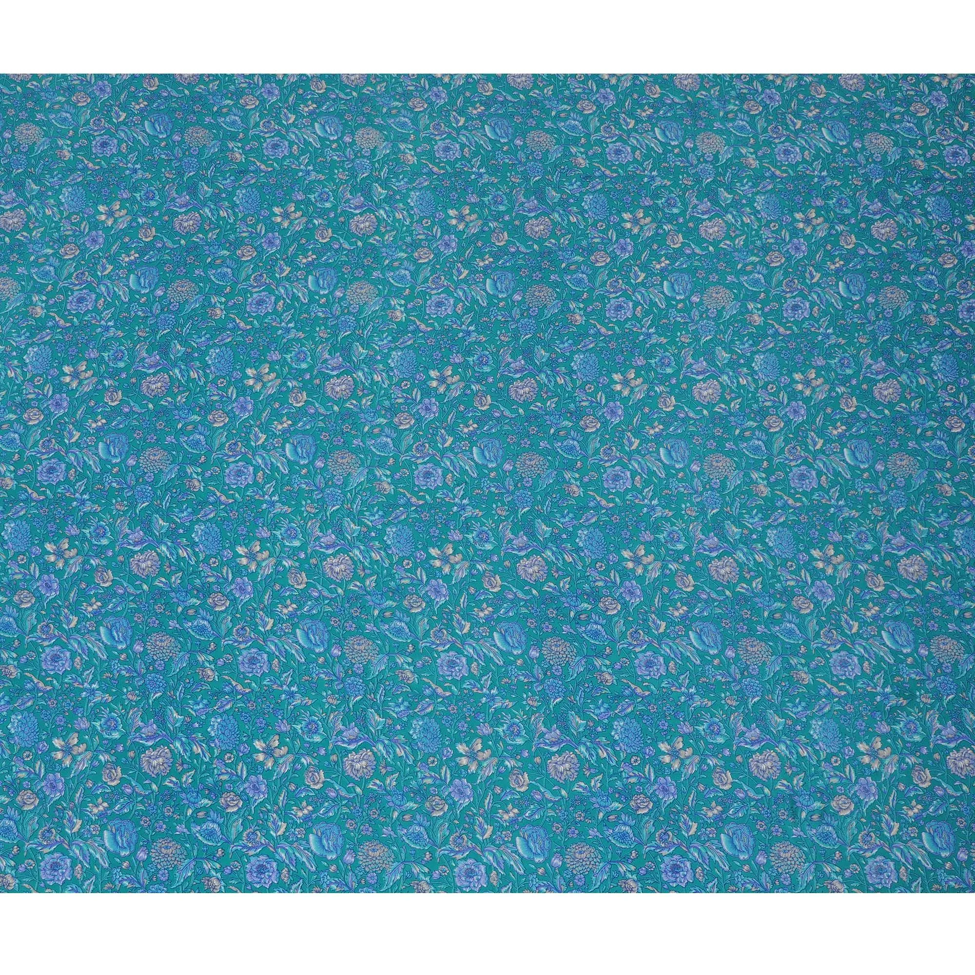 Turquoise Blue Pure Silk Crepe Fabric with Intricate Floral Design - Luxurious, 110cm Width, Authentically Made in India - Buy Online by the Meter-D18029
