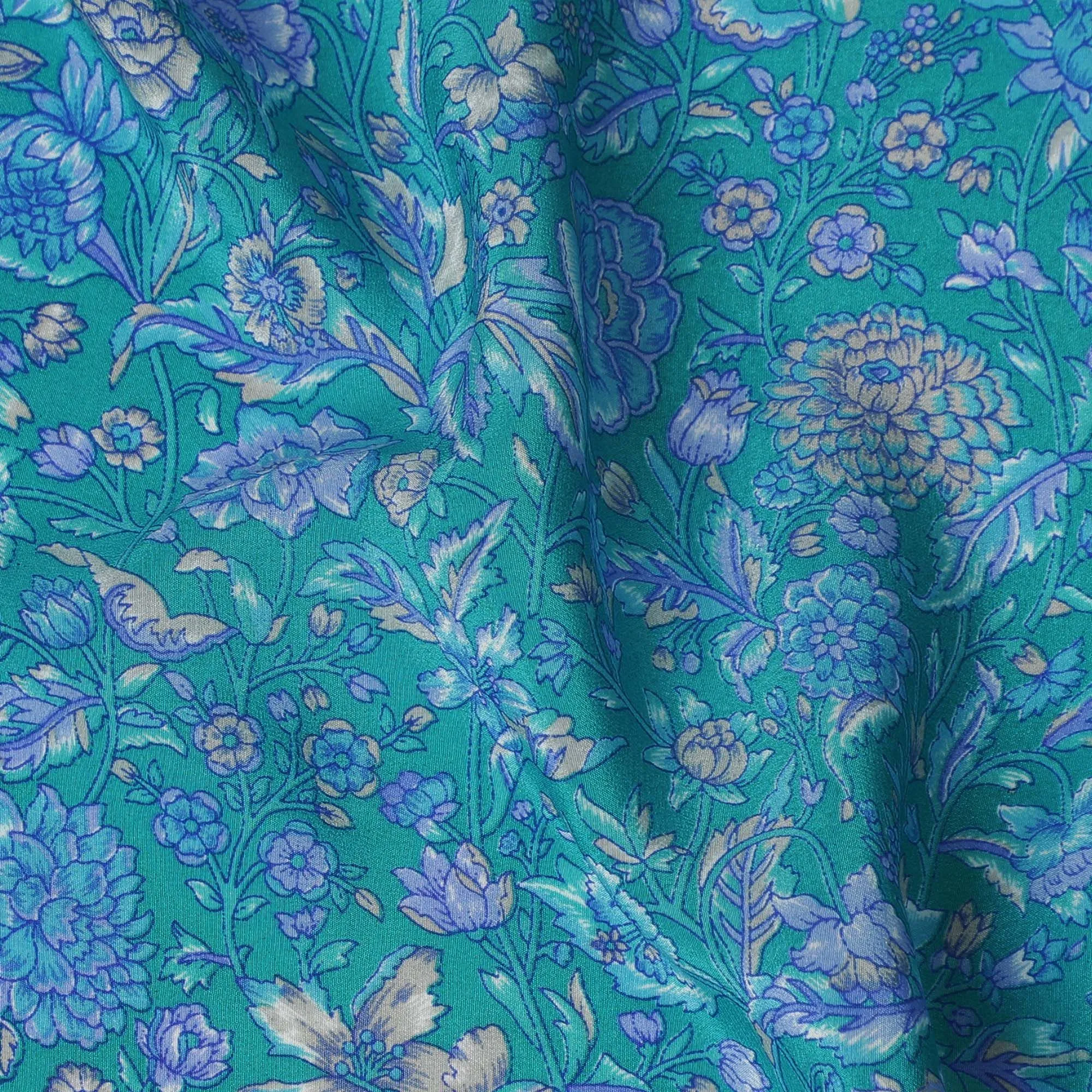 Turquoise Blue Pure Silk Crepe Fabric with Intricate Floral Design - Luxurious, 110cm Width, Authentically Made in India - Buy Online by the Meter-D18029