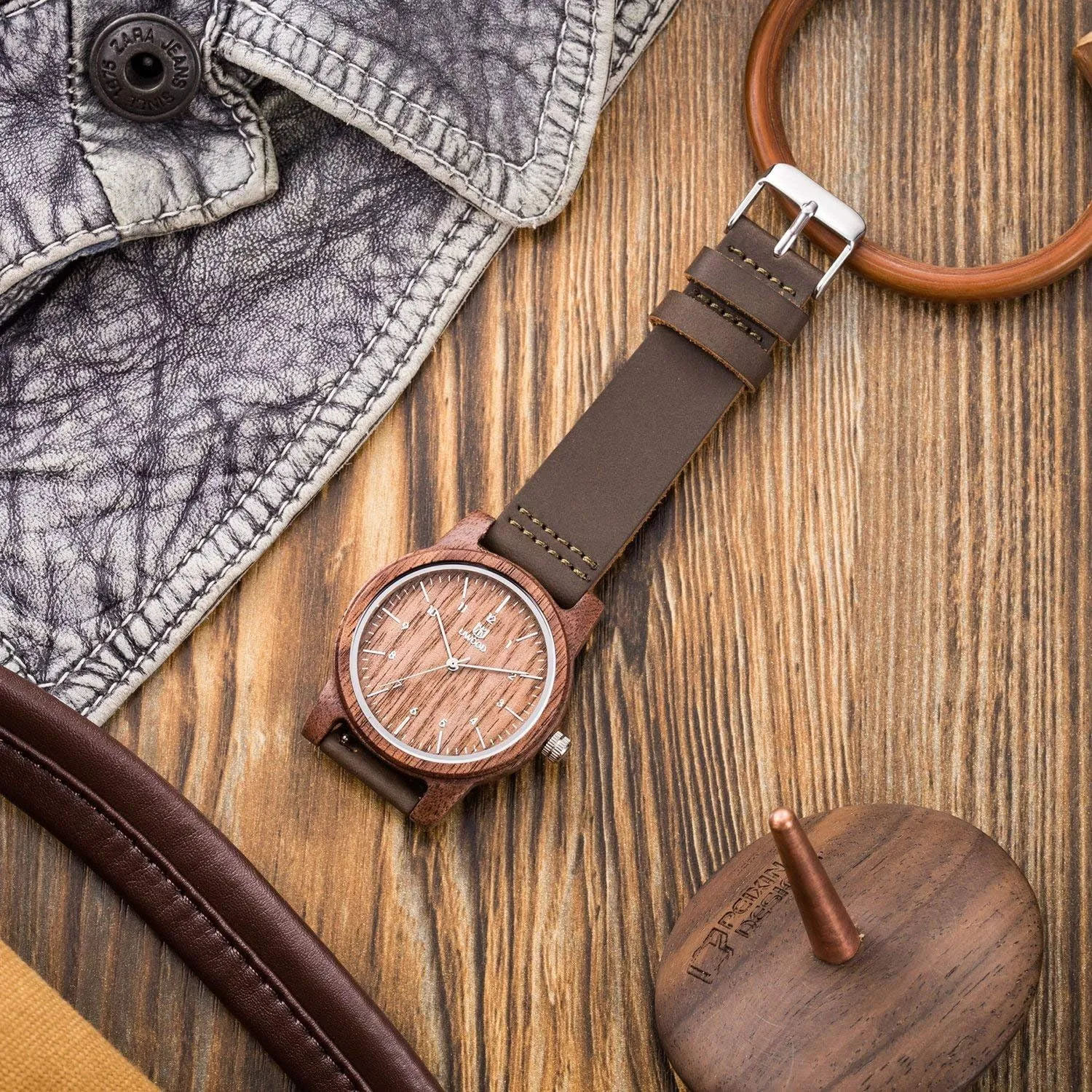Unisex Wooden Watches Uwood Series Handmade Genuine Suede Cowhide Leather Wood Wristwatch with Gift Box