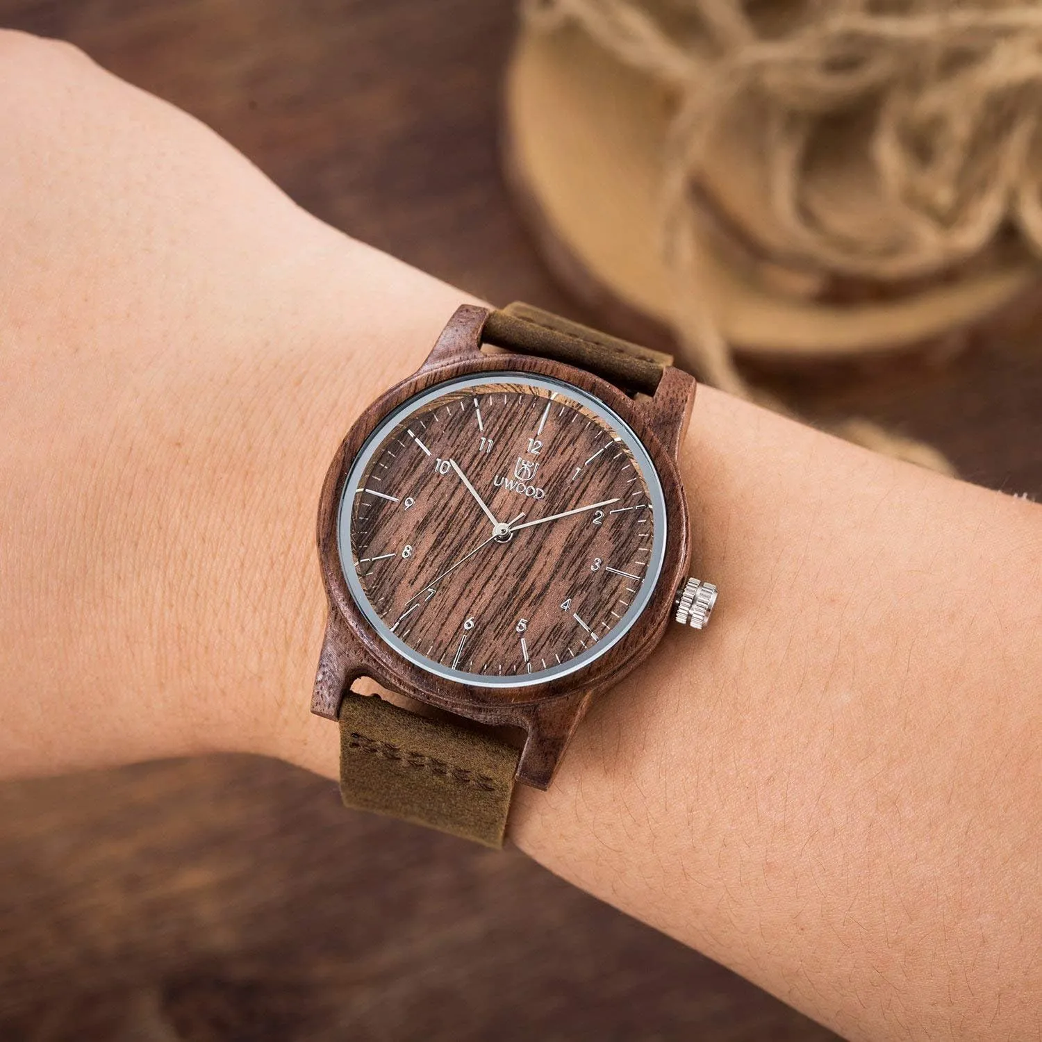 Unisex Wooden Watches Uwood Series Handmade Genuine Suede Cowhide Leather Wood Wristwatch with Gift Box