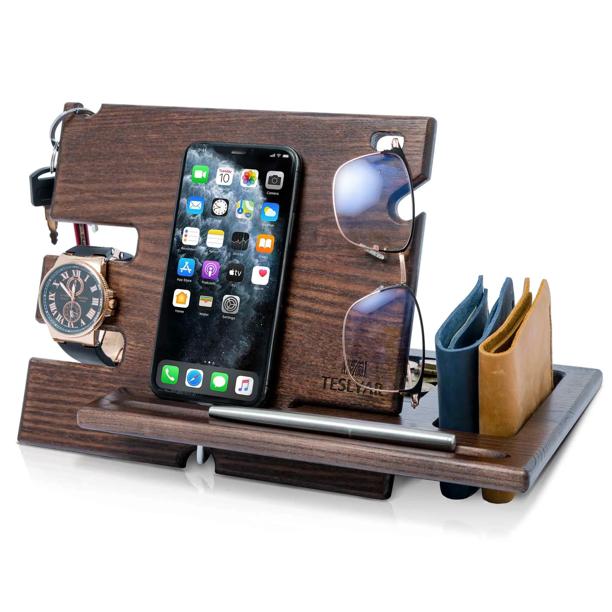 Universal Desk Organizer with Charging Station - Light Ash Wood