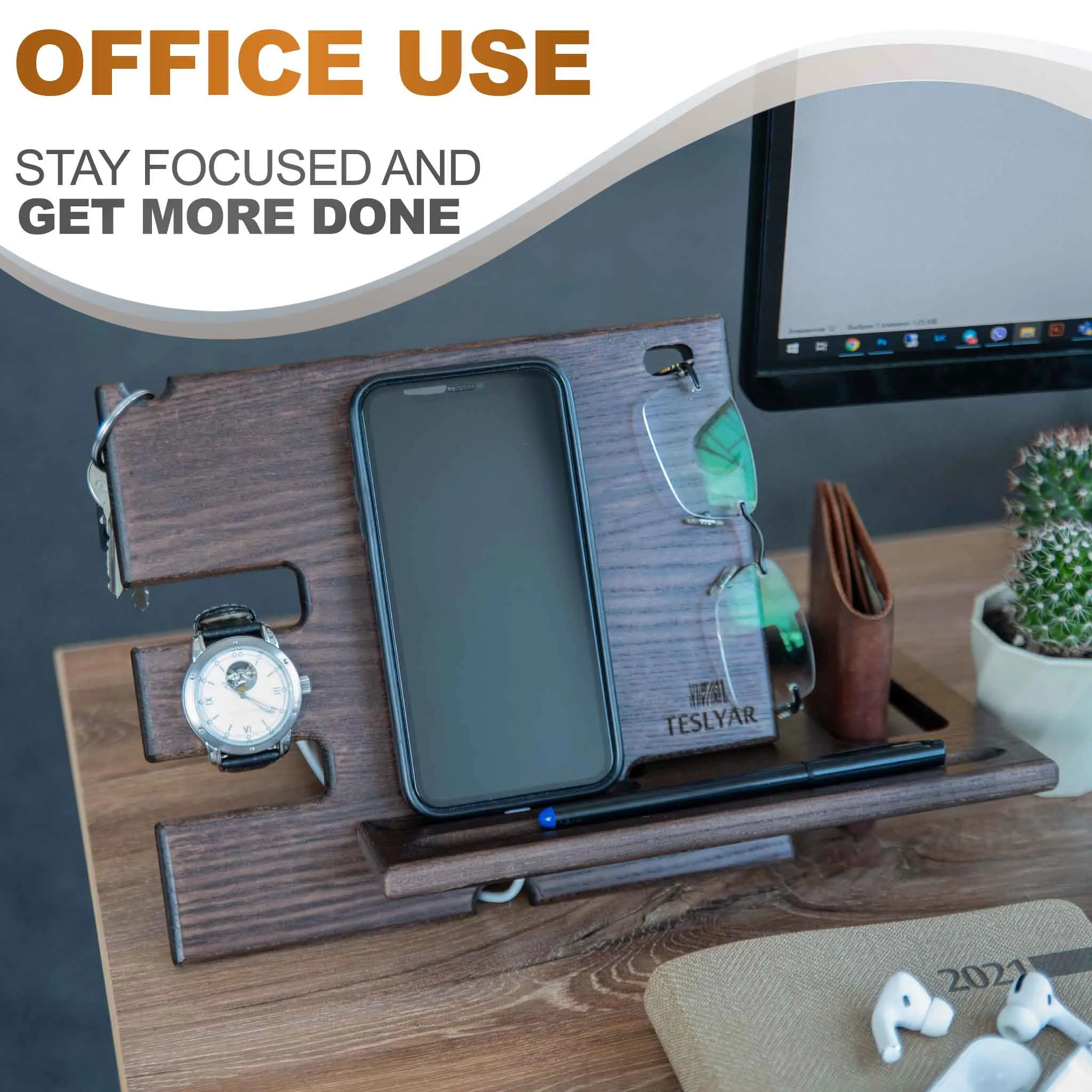 Universal Desk Organizer with Charging Station - Light Ash Wood