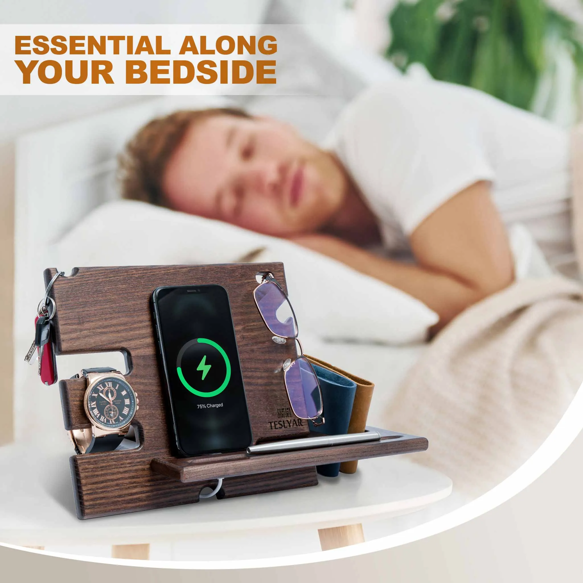 Universal Desk Organizer with Charging Station - Light Ash Wood