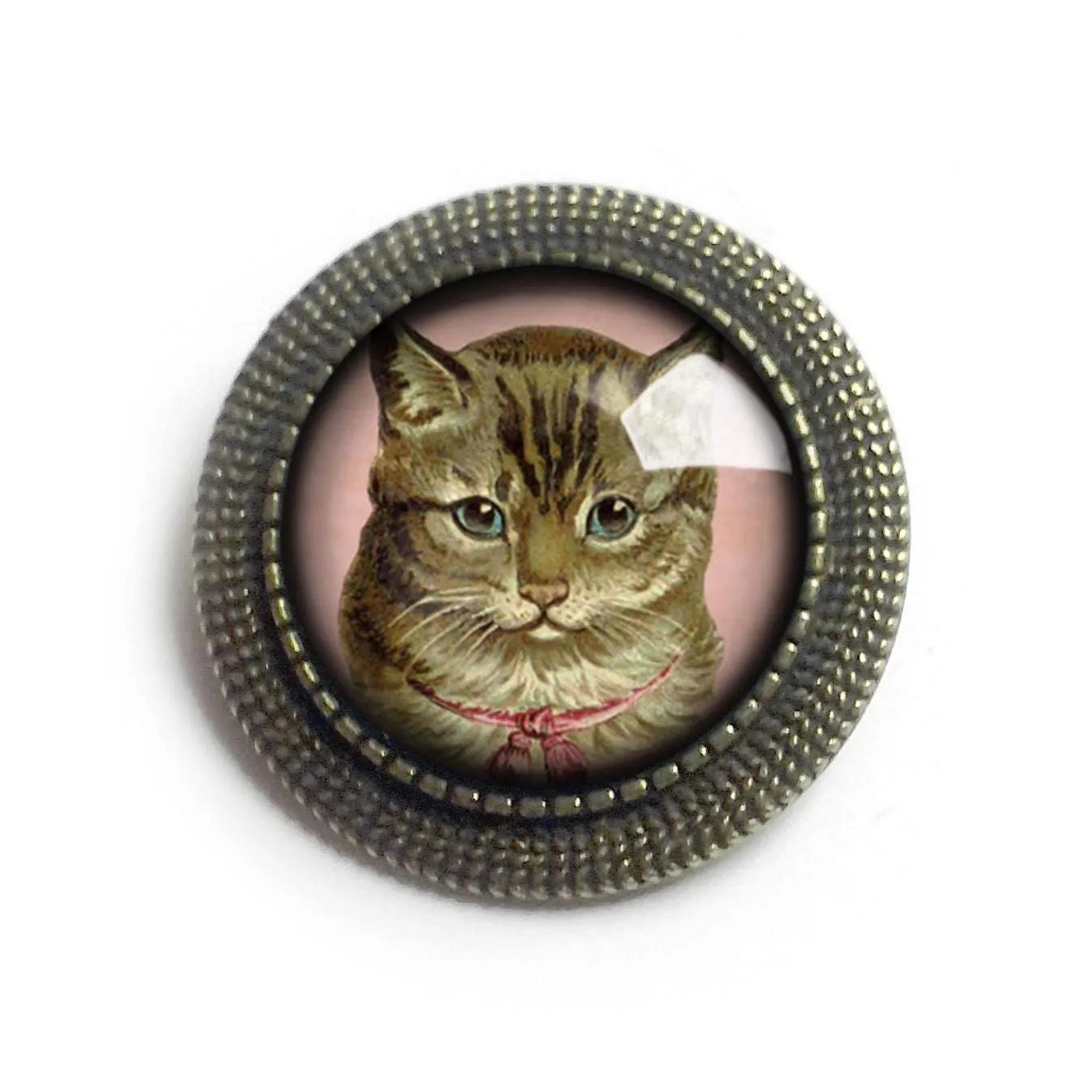 Victorian Tabby Cat Reverse Decoupage Glass And Brass Brooch