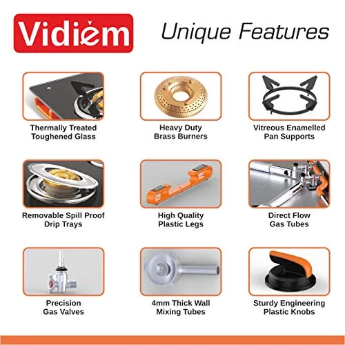 Vidiem Gas Stove GS G2 120 A AIR Plus (Orange) | 2 Burner Frameless Gas Stove | 8mm Glass Manual Ignition