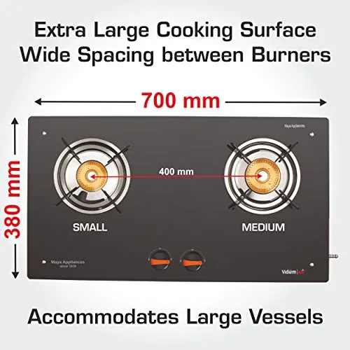 Vidiem Gas Stove GS G2 120 A AIR Plus (Orange) | 2 Burner Frameless Gas Stove | 8mm Glass Manual Ignition