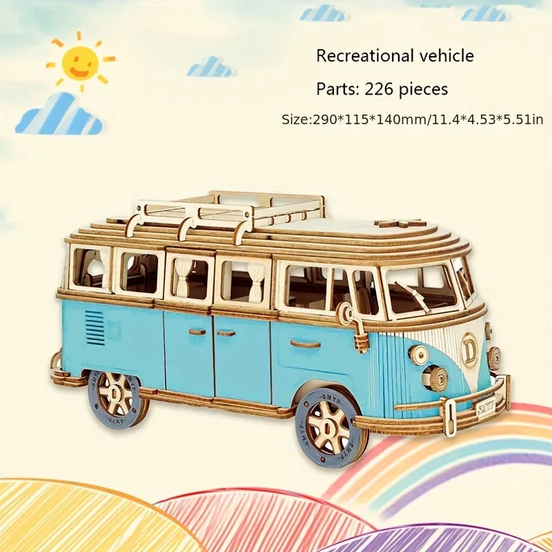 Vintage Blue Wooden Car Model Puzzle Educational 3D Building Toy