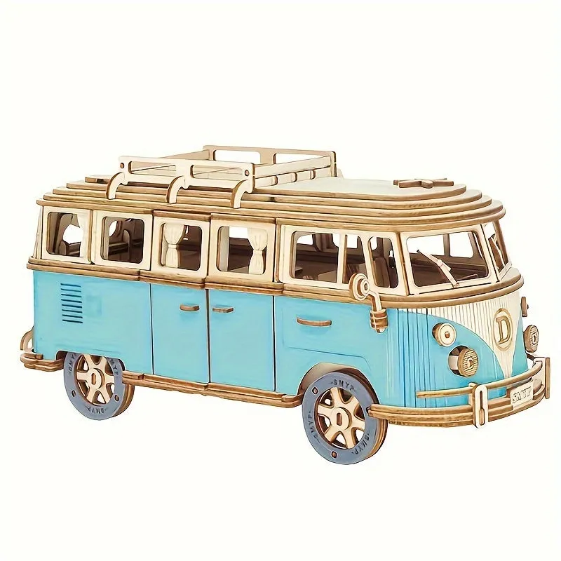 Vintage Blue Wooden Car Model Puzzle Educational 3D Building Toy