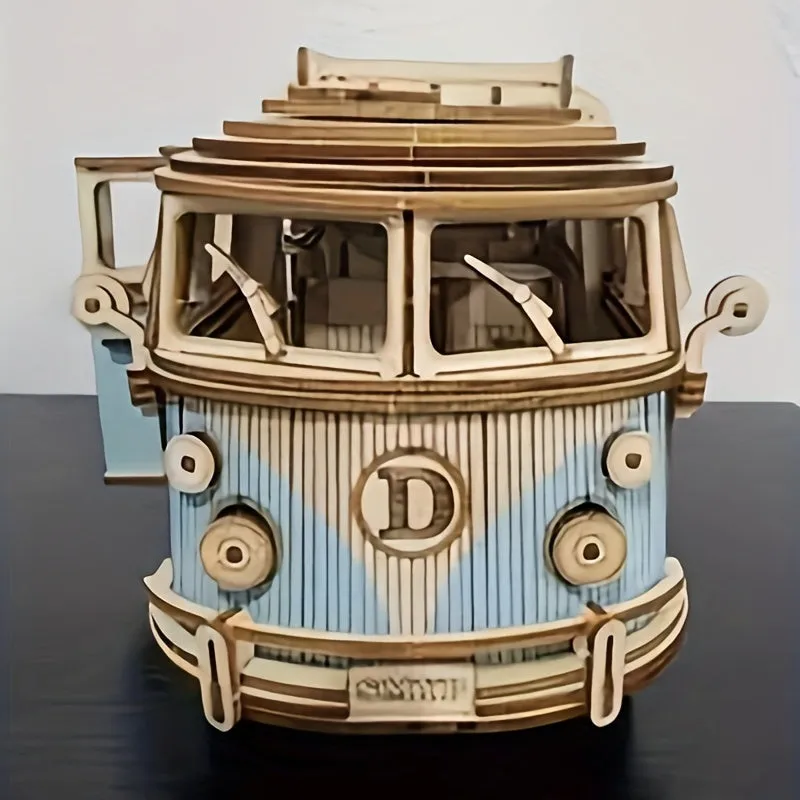 Vintage Blue Wooden Car Model Puzzle Educational 3D Building Toy