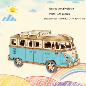 Vintage Blue Wooden Car Model Puzzle Educational 3D Building Toy