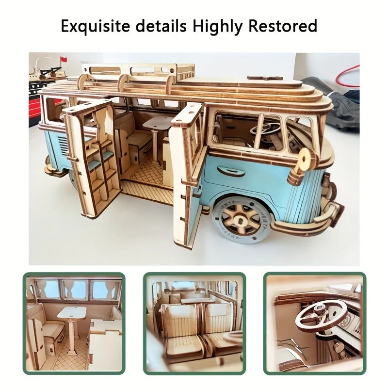 Vintage Blue Wooden Car Model Puzzle Educational 3D Building Toy