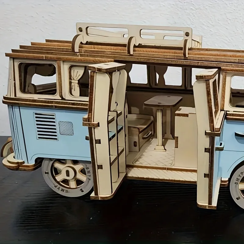 Vintage Blue Wooden Car Model Puzzle Educational 3D Building Toy