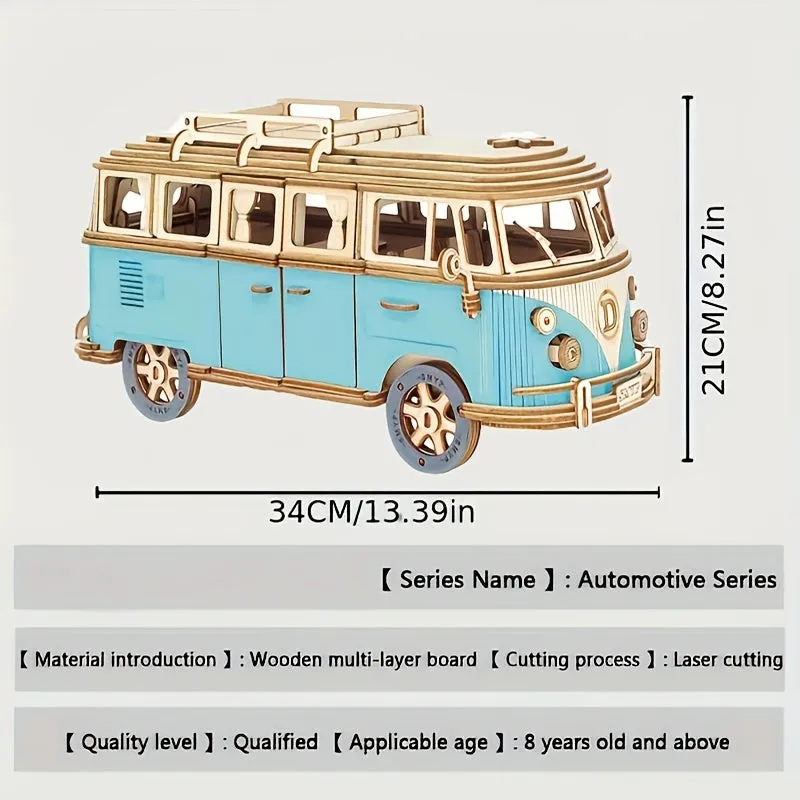 Vintage Blue Wooden Car Model Puzzle Educational 3D Building Toy