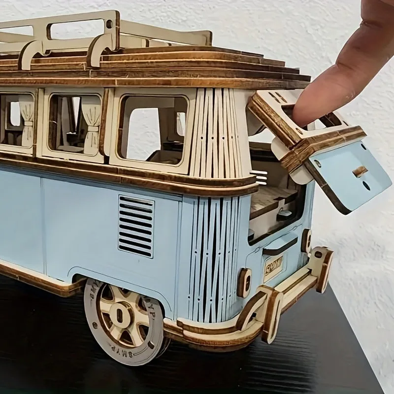 Vintage Blue Wooden Car Model Puzzle Educational 3D Building Toy