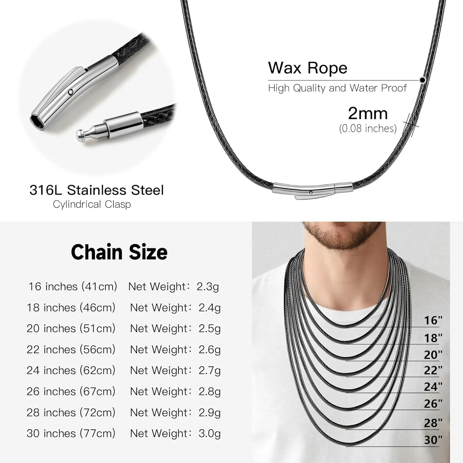 Waterproof Braided Leather Necklace Cord Chain for Men Women, with Sturdy Silver/Black Clasp, 2MM/3MM Flexible Brown/Black Rope Chain for Pendant 16"-30" Length (Send Gift Box)