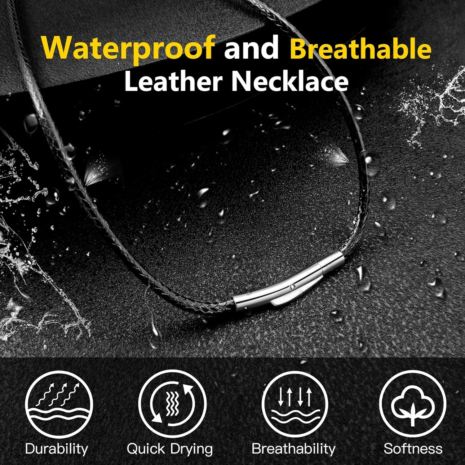 Waterproof Braided Leather Necklace Cord Chain for Men Women, with Sturdy Silver/Black Clasp, 2MM/3MM Flexible Brown/Black Rope Chain for Pendant 16"-30" Length (Send Gift Box)