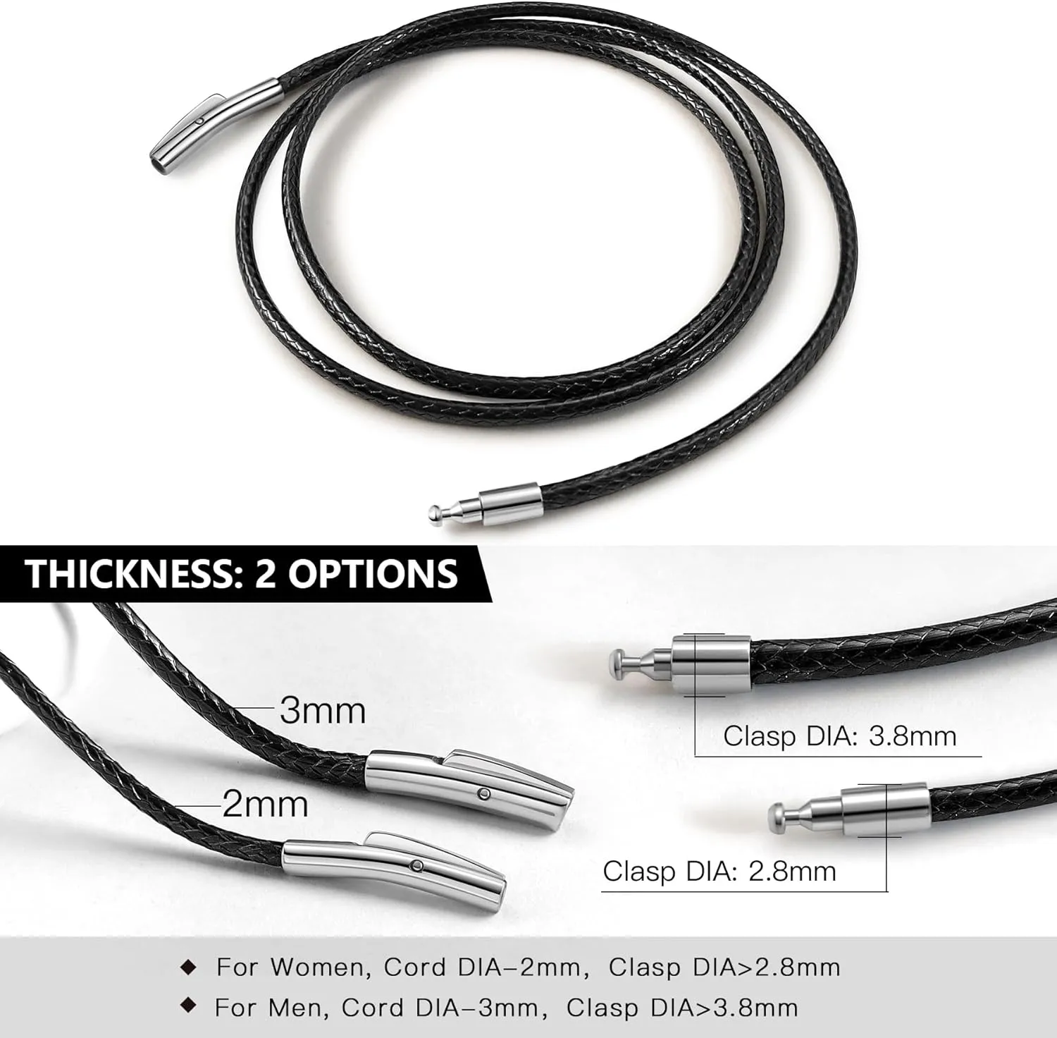Waterproof Braided Leather Necklace Cord Chain for Men Women, with Sturdy Silver/Black Clasp, 2MM/3MM Flexible Brown/Black Rope Chain for Pendant 16"-30" Length (Send Gift Box)